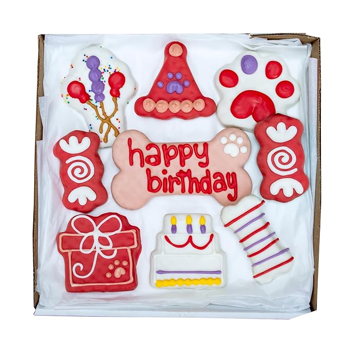 Wufers Birthday Boy Cookie Box | Gifts for Dogs | Gourmet-Decorated Treats | Made with Locally Sourced Ingredients (Red - Birthday Girl)