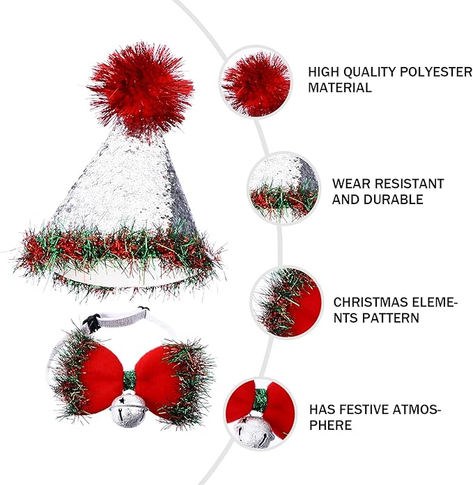 Kichvoe Christmas Pet Hat and Bow Tie Set with Bell, Red Cap Costume Accessories for Dogs and Cats Holiday Party, 2pcs Festive Pet Supplies