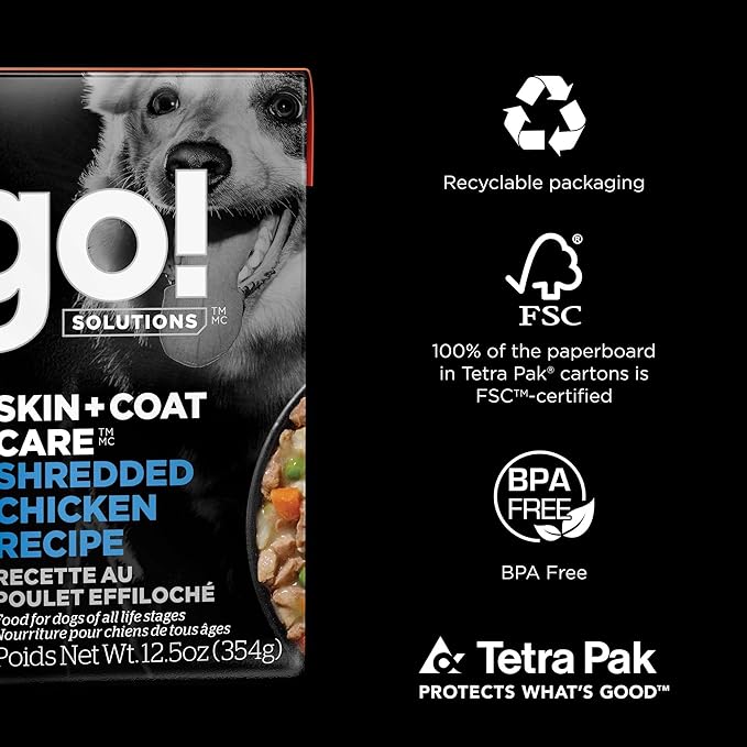 Go! Solutions Skin + Coat Care, Wet Dog Food, Shredded Chicken Recipe with Grains for Sensitive Skin, 12.5 oz (Pack of 12)