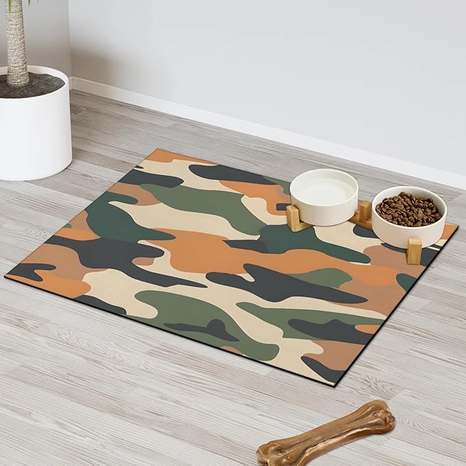 Camouflage Dog Food Mat for Floors Absorbent Dog Bowl Mat for Food and Water Dispenser Quick Dry Cat Food Placemat Pet Supplies 17" x 30", Green Brown