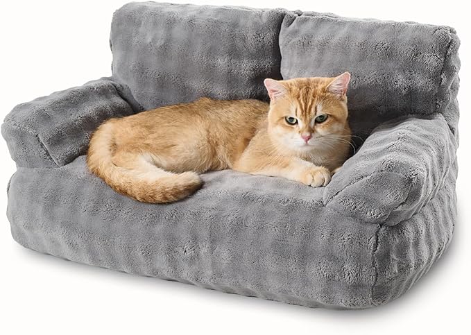 Cat Couch Bed, Cute Soft Pet Sofa for Indoor Cats Kittens Puppies with Removable Washable Cover, 26"x15", Grey