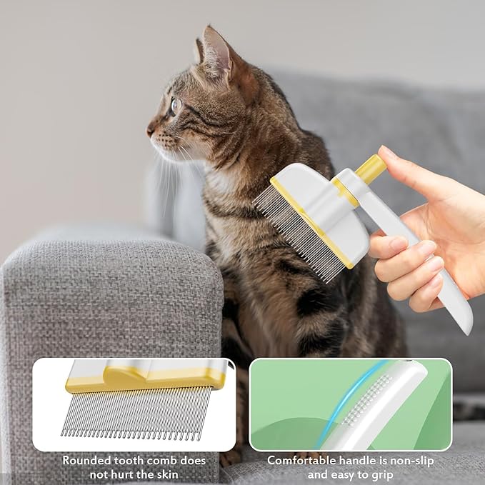 Pet Hair Removal Comb, 2025 Upgraded One Click Self Cleaning Grooming Brush, Cat Brush Comb with Non slip Handle for Short & Long Hair, Pet Grooming Supplies for Cats & Dogs Massaging (yellow)