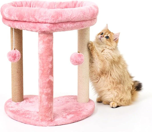 Cat Scratching Post Tree 3 in 1 Cat Tree Tower with Soft Bed, Heart Shape Scratch Posts with Two Hanging Ball Toys for Indoor Cats and Kittens Pink