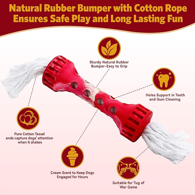 Interactive Dog Toy, Durable Teeth Cleaning Chew Toy, Outdoor Fetch and Retrieve Dog Toy, Natural Rubber Bone with Cotton Tassels for Medium and Large Dogs, Cream Scented, Red/White