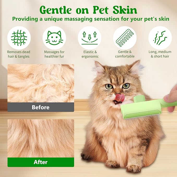 Pet Hair Removal Comb Flea Comb, 2025 New Cat Grooming Brush with Release Button, for Massaging and Cleaning Shedding Pets Hairs, De-Shedding Cat Brush for Short and Long Hair Cats (Blue+Green)