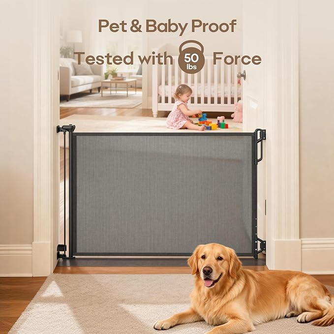 Retractable Safety Baby Gate or Mesh Dog Gate,Durable Portable Mesh Retractable Gate,Easy to Use for Stairs, Doorways, Hallways, Indoor, Outdoor, 33.5" Tall, Up to 55" Wide, Black