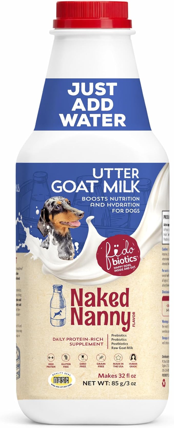 Fidobiotics Goat Milk Powder for Dogs, Mix and Serve Nutrition and Hydration Support with Prebiotics, Probiotics, & Postbiotics, Naked Nanny Flavor, 32oz