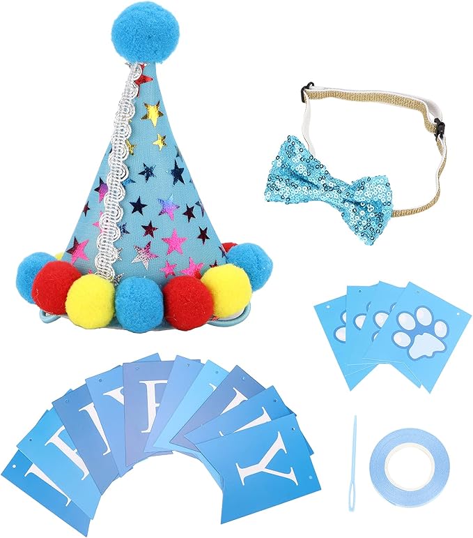 Dog Birthday Hat and Bow Tie Set, Adjustable Soft Pet Party Supplies, Cute Birthday Decorations with Banner for Small Medium Dogs, Washable Polyester Cotton Fabric (Blue)