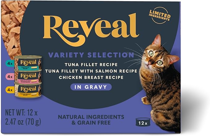 Reveal Natural Wet Canned Cat Food, Limited and Natural Ingredients, Grain Free, High Protein with No Artificial Additives, Fish and Chicken Variety in Gravy, (12 x 2.47 oz Cans)