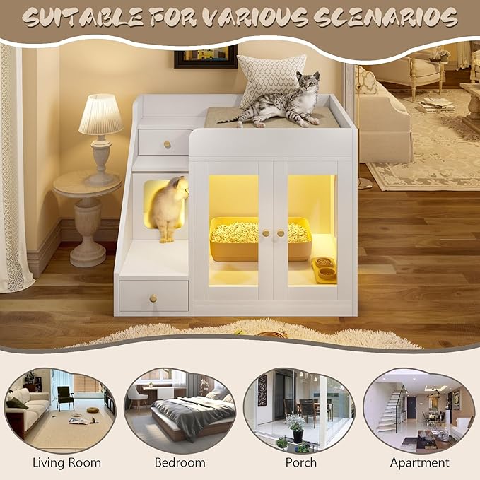 Cat Litter Box Enclosure with Light, Hidden Litter Box Furniture with 2 Storage Drawers & Smart Doors, Cat House Side Table for Living Room Entryway (White)