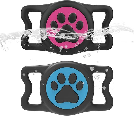 2-Pack Airtag Holder for Dog Collar, Waterproof Silicone Protective Case Cover, Anti-Lost Tracker Universal Fit for All Width Pet Collars (Rose Red&Blue)