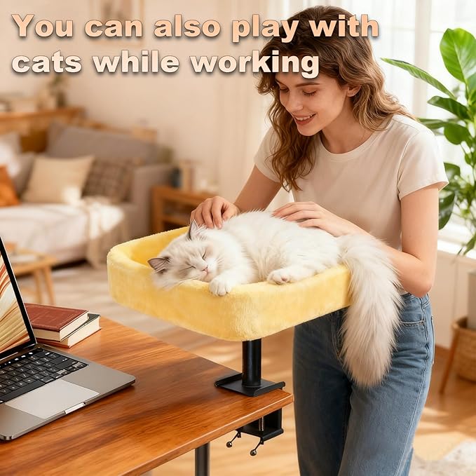 Cat Desk Bed, Sturdy Cats Bed for Desk with Washable Cover, Dual-Sided Breathable Summer & Winter, Comfortable Soft Pet Nest Bed with Reinforced Steel Frame, Easy Assembly for Home Office/Study Room