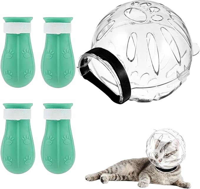 Cat Muzzle for Grooming,Cat Bubble Muzzle,Helmet,Breathable Hood Cover with 4 Silicone Paw Shoes for Bath Nail Trimming Cats Biting Chewing(Size:M)