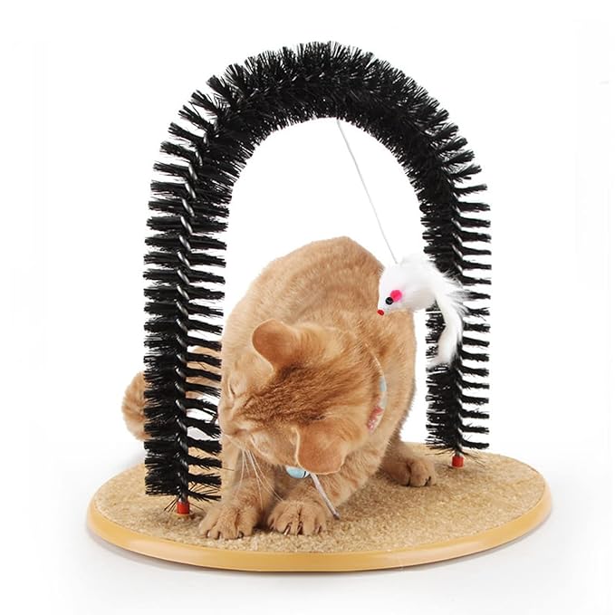 Cat Brush Arch Massager, Self Groomer with Scratch Pad Hanging Plush Mice Comb Scratcher Non-slip Kitten Back Massager for Pets