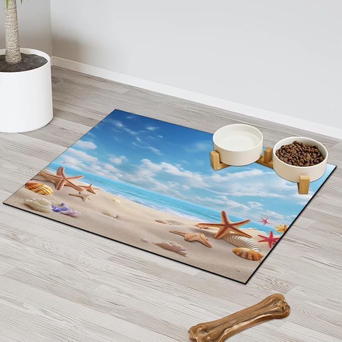 Seashell Starfish Dog Food Mat for Floors Absorbent, Quick Dry Water Dispenser Mat for Food, Water, Pet Supplies 12" x 20", Nautical Coastal