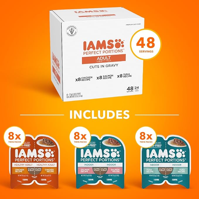 IAMS Perfect Portions Grain Free Wet Cat Food, Healthy Adult Cat Food Pate, Chicken, Tuna, and Salmon Recipes, (24) 2.6 oz. Variety Twin-Pack Trays