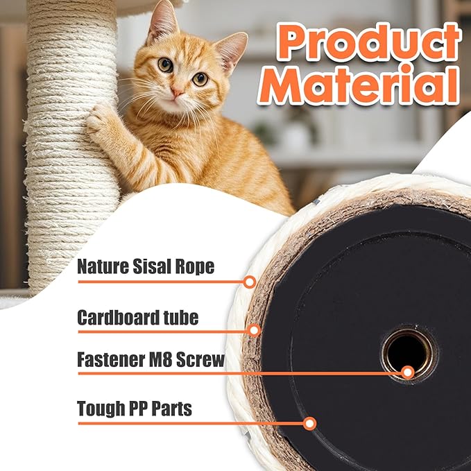 PowerKing 4-Pack 15.7" Cat Scratching Post Replacement - Natural Sisal Rope Scratcher Poles with M8 Screws for Indoor Cat Tower Renewal Parts, Cat Furniture Refill Parts (White)