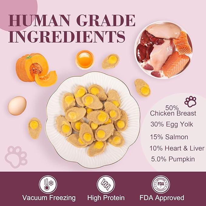Dylan's cabin Freeze Dried Chicken Cat & Dog Treats - High Protein Poached Eggs Bites with Salmon & Pumpkin Training Kitten Puppy Snack for Coat Gut Healthy, 34pcs