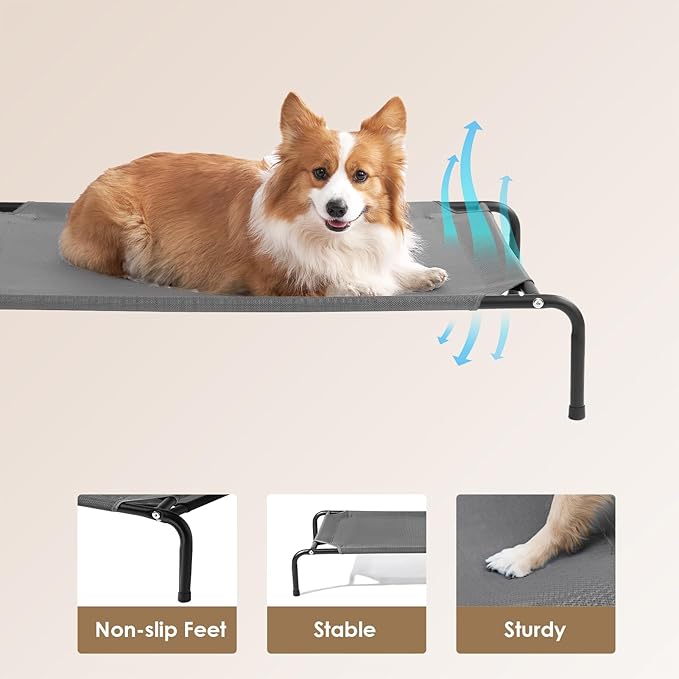 EHEYCIGA Elevated XL Dog Cot Bed, Raised Outdoor Dog Hammock for Extra Large XLarge Dogs, Lifted Pet Platform with Frame and Washable Waterproof Cooling Teslin Mesh and Anti-Slip Feet, 48x32 inch