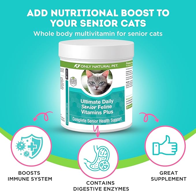 ONLY NATURAL PET Ultimate Daily Senior Feline Multivitamin w/Taurine & L-Lysine – Nutritional Supplement Powder for Adult & Older Cats – Immune & Joint Support – Complete Vitamin Formula, 3.2oz