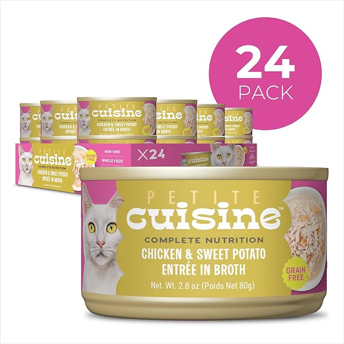 PETITE CUISINE Whole Foods Wet Cat Food, Chicken & Sweet Potato Entree in Broth, 2.8 oz. Can (24 Count)