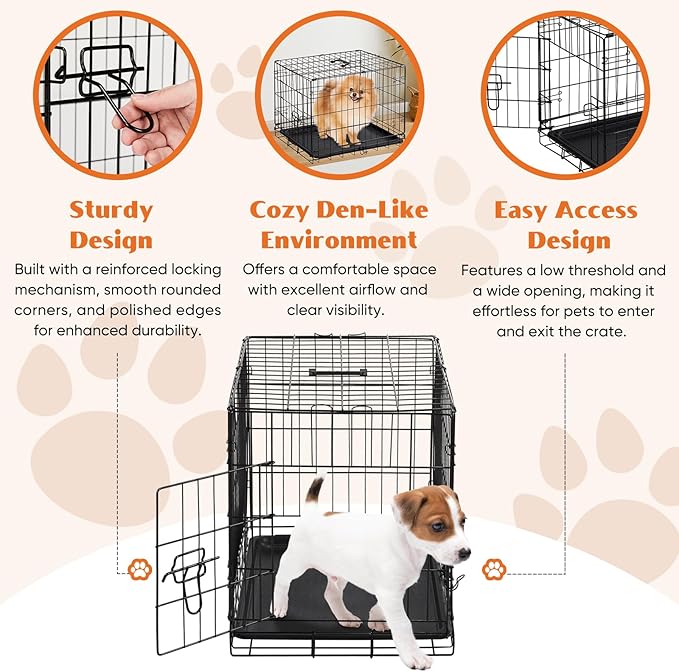 Sweetcrispy 24 Inch Single Door Dog Crate, Metal Pet Kennel with Secure Lock, Foldable Design, Removable Tray for Easy Cleaning, Portable Puppy Cage for Small Dogs, Ideal for Training & Travel
