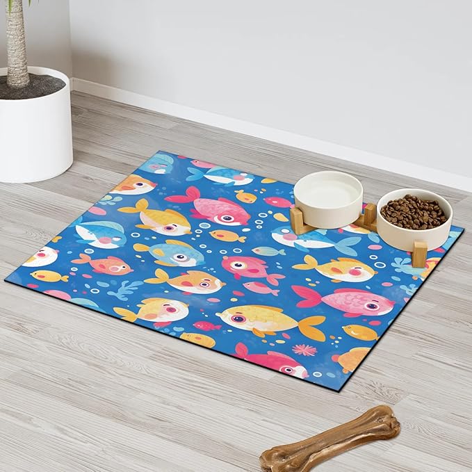 Cute Fish Dog Food Mat for Floors Absorbent Dog Bowl Mat for Food and Water Dispenser Quick Dry Cat Food Placemat Pet Supplies 16" x 24", Ocean