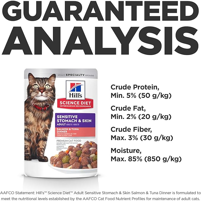 Hill's Science Diet Sensitive Stomach & Skin, Adult 1-6, Stomach & Skin Sensitivity Support, Wet Cat Food, Salmon & Tuna Stew, 2.8 oz Pouch, Case of 24