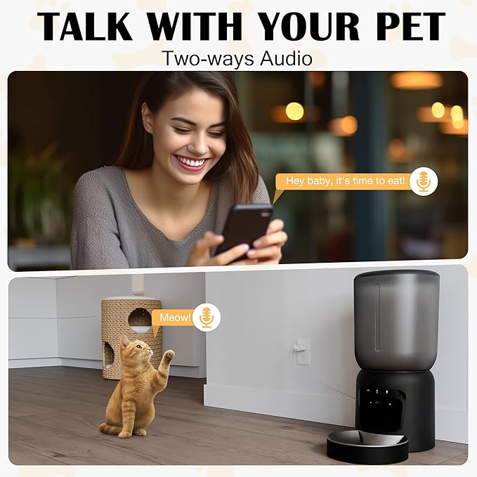 Automatic Cat Feeder with 2K Camera: Cat Food Dispenser with 6L Capacity, Container for Multiple Pet; Automatic Dog Feeder with Night Vision Support 5/2.4GHz & 2-Way Audio, Anti-Jam Design (Black)