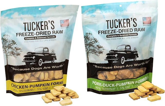 Tucker's Raw Frozen Freeze Dried Raw Dog Food, Chicken & Pumpkin Formula and Pork, Duck & Pumpkin Formula, Poultry Variety Pack of 2