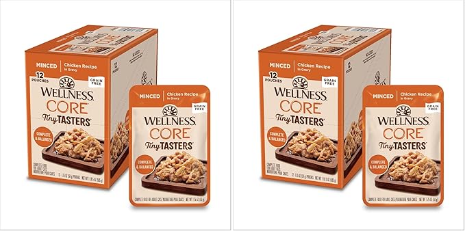 Wellness CORE Tiny Tasters Minced Adult Wet Cat Food,Natural,Protein-Rich,Grain Free,1.75-Ounce Pouch,(Chicken),(Pack of 24)