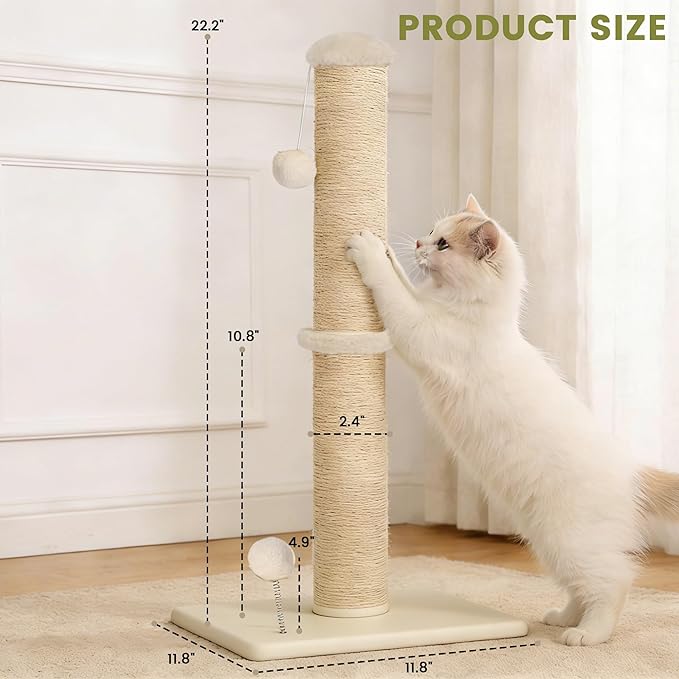 22" Small Cat Scratching Post, 3-in-1 Durable Sisal Vertical Cat Scratcher Post with Hanging Ball, Soft Fabric Stable Base Cat Scratch Pole for Kittens or Smaller Cats, Beige