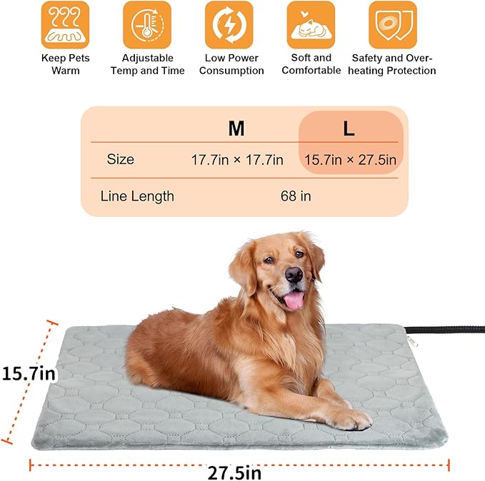 Pet Heating Pad for Cats & Dogs Indoor Outdoor, Warming Cat Heating Pad with Chew Resistant Cord, Adjustable Temperature and Time, Heated Pet Bed Mat Waterproof for Cats Dogs (Grey, 15.7'' × 27.6'')