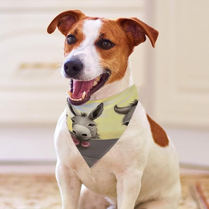 Dog Bandana Spring Pet Scarf Adjustable Triangle Donkey and Flower Printing Dog Bib Washable Polyester Puppy Bandana for Small Medium Large Dogs Cat Birthday Party Supplies