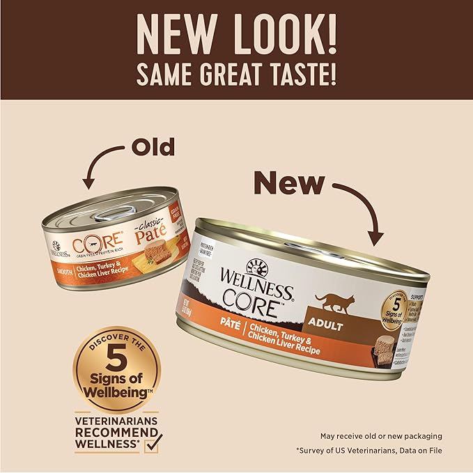 Wellness CORE Pate Adult Wet Cat Food, Natural, Protein-Rich, Grain Free, 5.5 Ounce, 24 Pack (Chicken, Turkey & Chicken Liver)