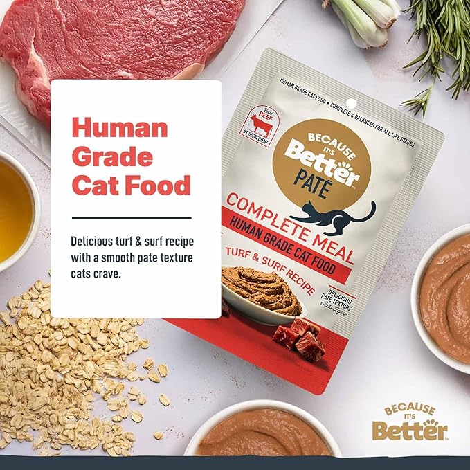 Because It's Better Pate Complete Meal, Turf & Surf Recipe, 2.6 oz Pouches, Wet Cat Food, 12 Count