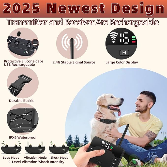 Wireless Dog Fence System for 2 Dogs, 2025 Upgraded 2-in-1 Electric Fence & Training Collar, Portable Perimeter Dog Collar with Remote Control, Waterproof, Adjustable Range up to 985 ft