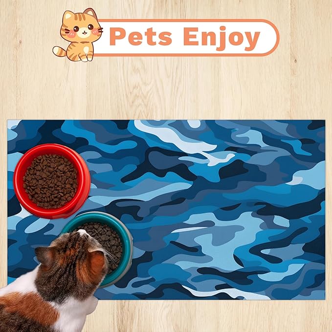 Blue Camouflage Dog Food Mat for Floors Absorbent Dog Bowl Mat for Food and Water Dispenser Quick Dry Cat Food Placemat Pet Supplies 24" x 32", Camo