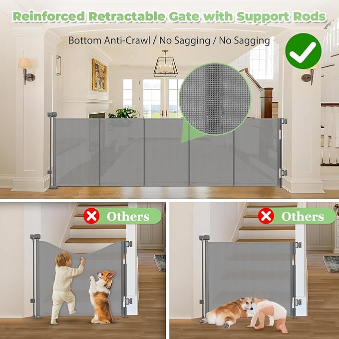 Reinforced 120" Extra Wide Retractable Baby Gate with Support Rods – Prevent Crawling Under, 10 Foot Extra Long Dog Gate Large Baby Gate for Large Openings, Mesh Gate Retractable Pet Gate, Gray