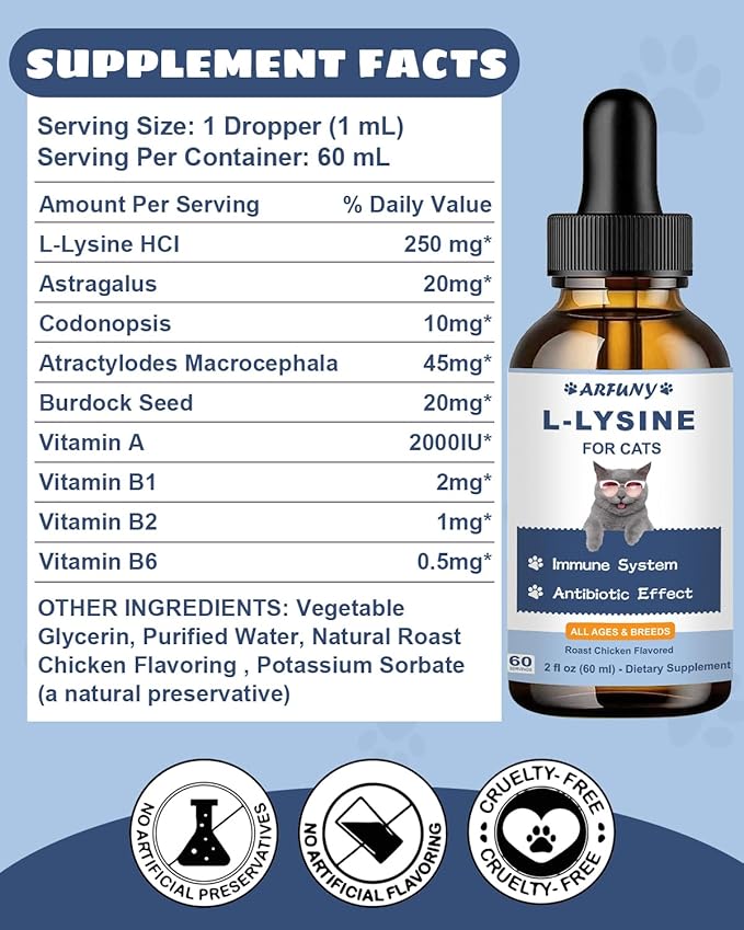 Lysine for Cats - 2 Packs Cat Lysine Drops - Sneezing Treatment, Nasal Relief - Feline Upper Respiratory Infection, Runny Nose, Eye Function - Immune Support - Roast Chicken Flavor