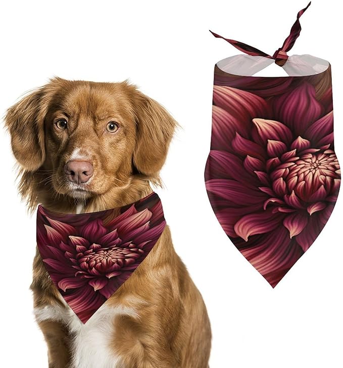 Dog Bandana Spring Pet Scarf Adjustable Triangle Wine Red Artistic Flower Printing Dog Bib Washable Polyester Puppy Bandana for Small Medium Large Dogs Cat Birthday Party Supplies