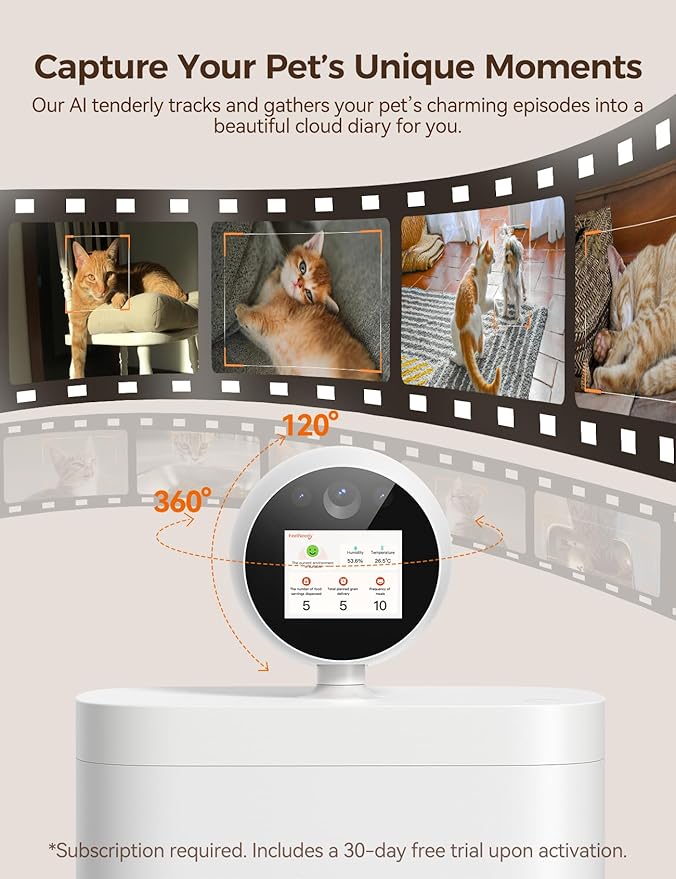 Automatic Cat Feeder with Camera 360° AI-Powered, 2K HD Video with Night Vision & 2-Way Audio, 2.4G/5G Wi-Fi Smart APP Control, Low Food Alert, 5.5L Timed Pet Feeder for Cats/Dogs