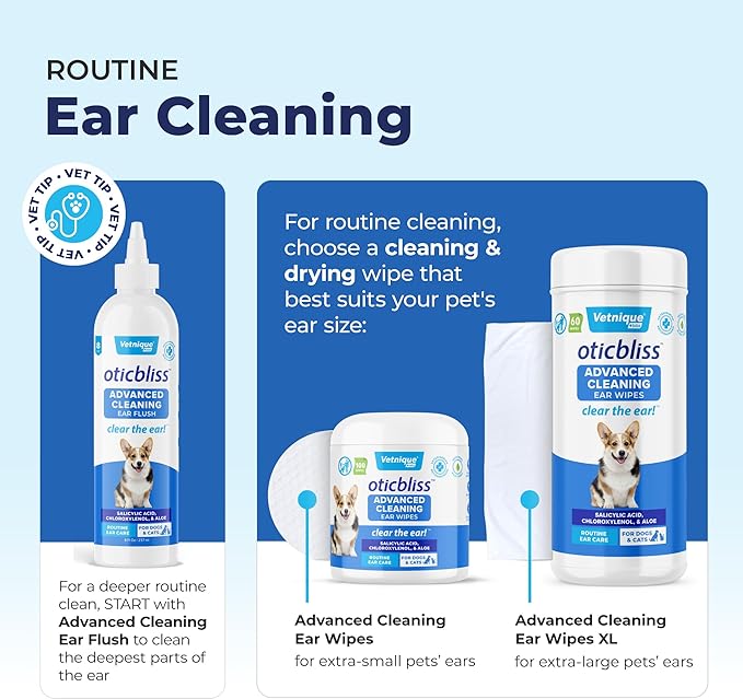 Vetnique Oticbliss Cat & Dog Ear Wipes - Dog Ear Infection Treatment or Dog Ear Cleaner Wipes for Dirty, Waxy, Smelly Dog Ears, Odor Control with Aloe Vera & Salicylic Acid (X-Lg Ear Cleaning Wipes)