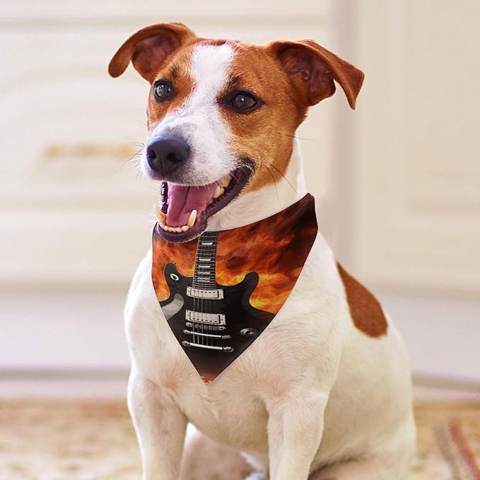 Dog Bandana Spring Pet Scarf Adjustable Triangle Rock Guitar Printing Dog Bib Washable Polyester Puppy Bandana for Small Medium Large Dogs Cat Birthday Party Supplies