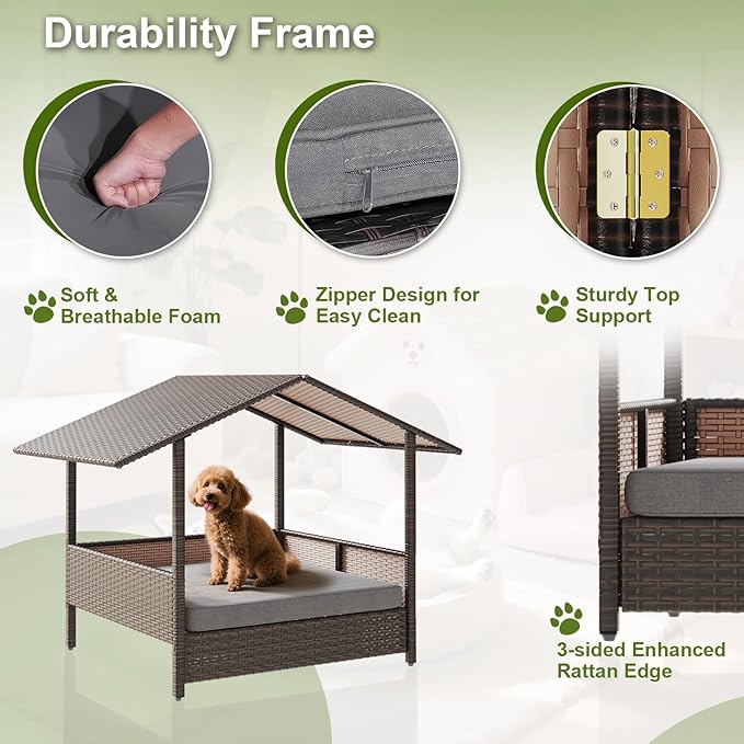 Waleaf Wicker Dog House Outdoor Indoor with Canopy and Removable Cushion, Elevated Rattan Dog Bed Shelter for Small/Medium Dogs, Weather Proof Cushion Cover Pet Cabana for Patio, Deck, Pool, Yard