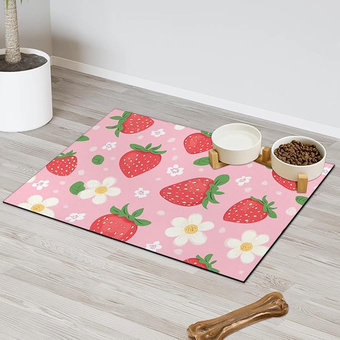 Red Strawberry Dog Food Mat for Floors Absorbent Dog Bowl Mat for Food and Water Dispenser Quick Dry Cat Food Placemat Pet Supplies 24" x 32", Cute Flower