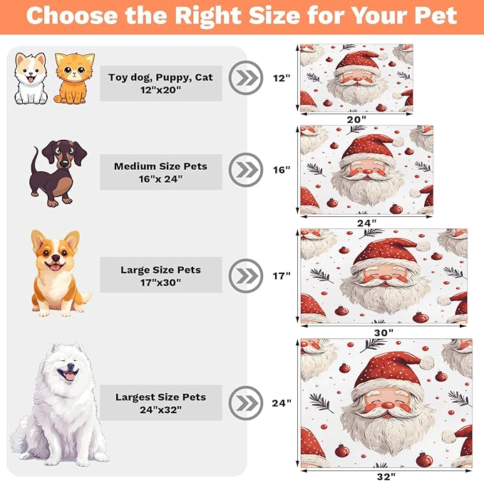 Santa Claus Dog Food Mat for Floors Absorbent, Quick Dry Water Dispenser Mat for Food, Water, Pet Supplies 12" x 20", Christmas Ball