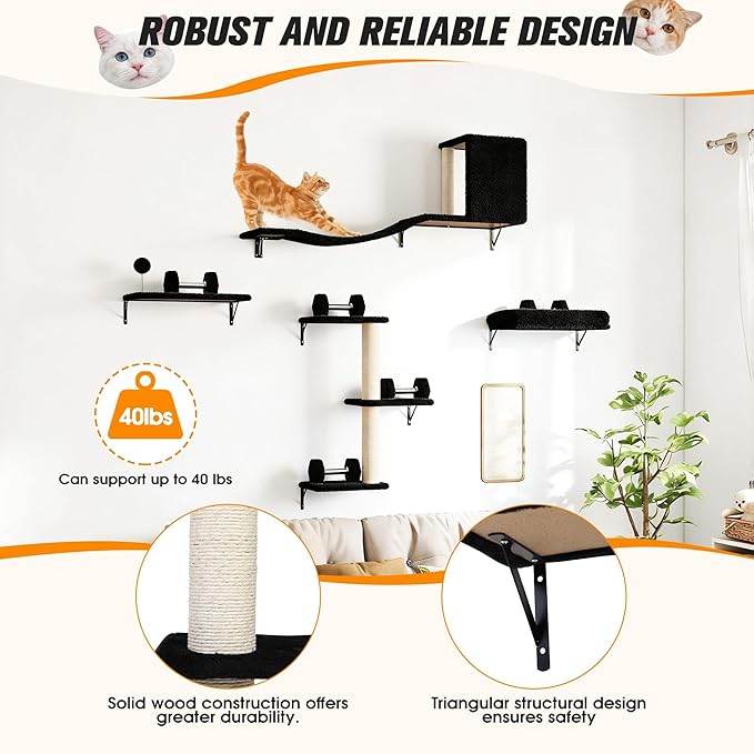 COZIWOW Cat Wall Shelves Set, 5-Piece Wall Mounted Cat Furniture with Cat Tree & Scratching Post, Floating Cat Perches for Indoor Cats（Black）