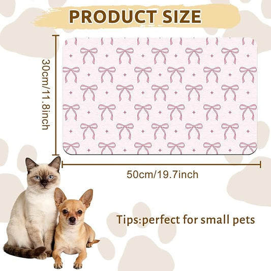 GLOBLELAND Pink Bow Pet Food Mat for Floors 11.8×20 inch Dogs Food Mats Absorbent Dog Bowl Mat Quick Dry Dog Cat Pet Placemats Pets Supplies for Water Dispenser