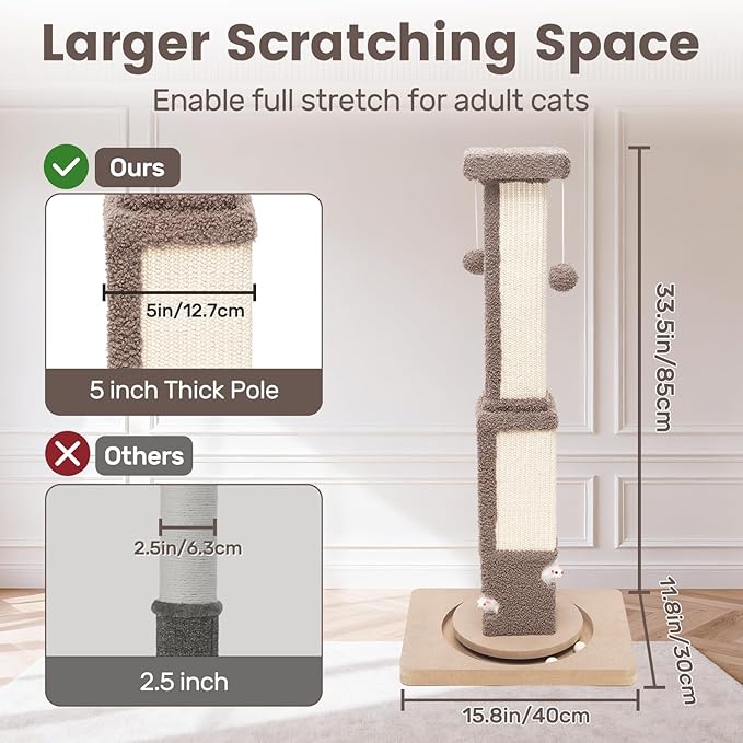 33.7" Tall Large Cat Scratching Post, Indoor Kitten Vertical Sisal Rope Scratcher with Modern Square Thick Pole and Toy Mouse, Space Saving Heavy Duty Stable Base with Interactive Ball Track